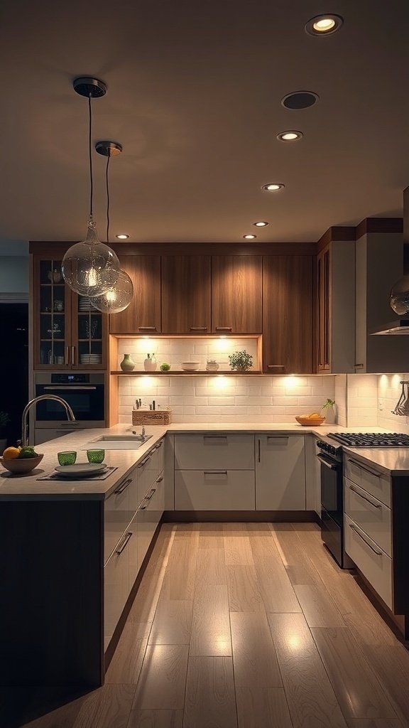 A modern kitchen with layered lighting, featuring recessed lights, pendant lights, and under-cabinet lighting.