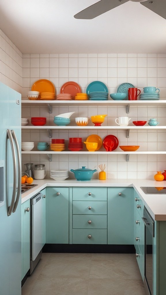 A mid-century modern kitchen with colorful dishware displayed on open shelves.