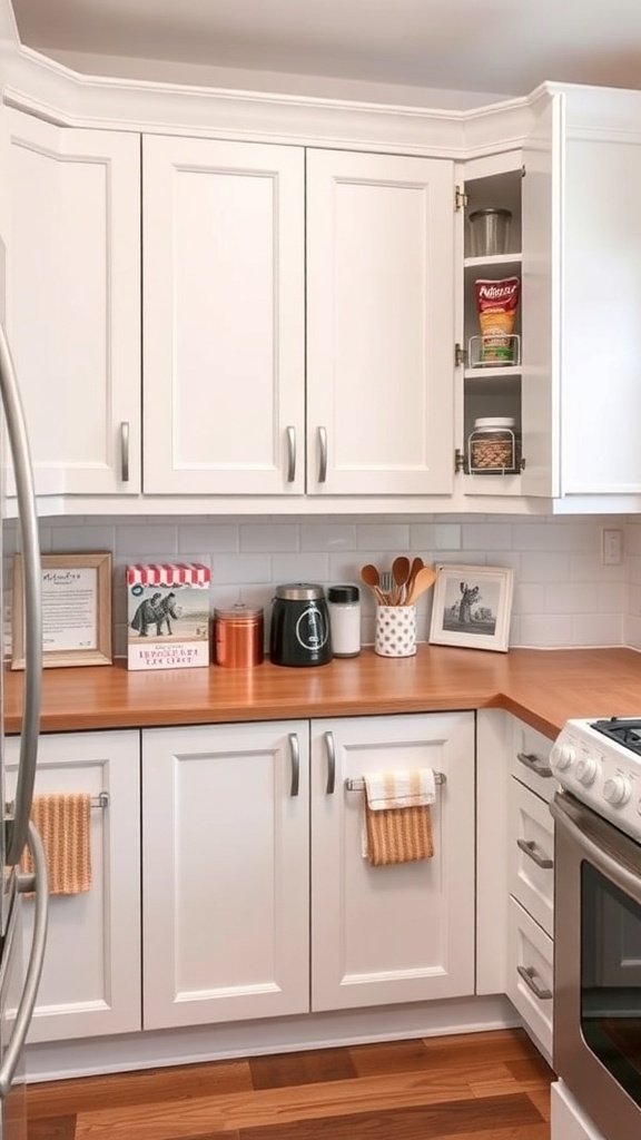 A small kitchen with white cabinets, featuring an open shelf beside the cabinet doors for easy access to items.