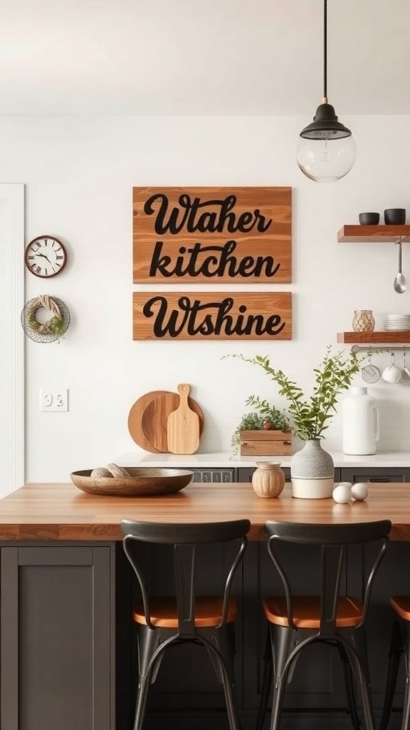 Wooden signs with playful text in a modern farmhouse kitchen