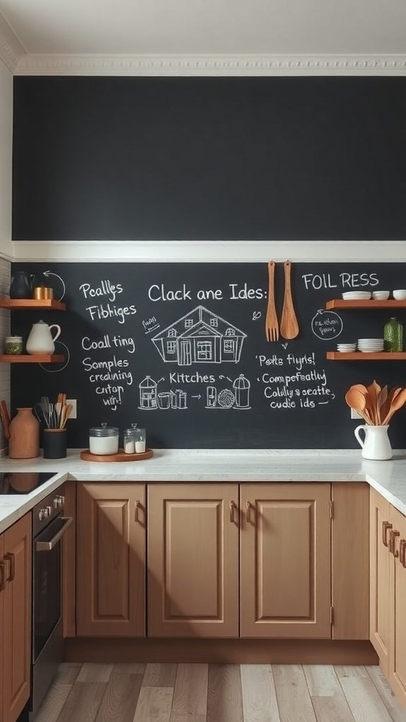 A modern kitchen featuring a chalkboard wall with handwritten notes and ideas.