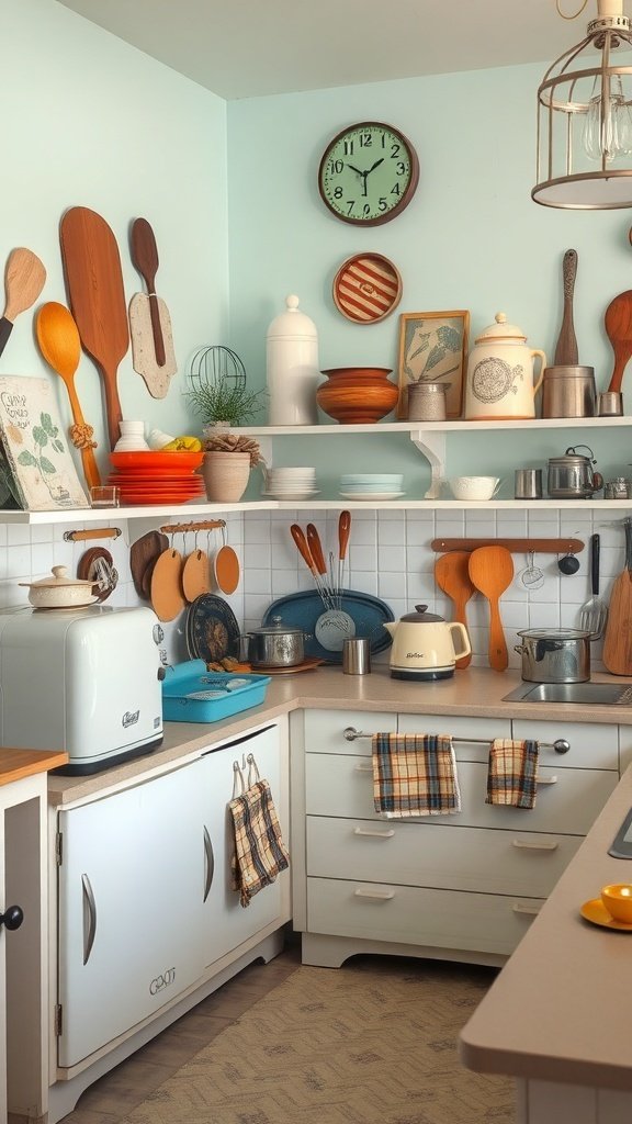 A vintage-inspired kitchen with wooden utensils, a retro clock, and soft blue walls.