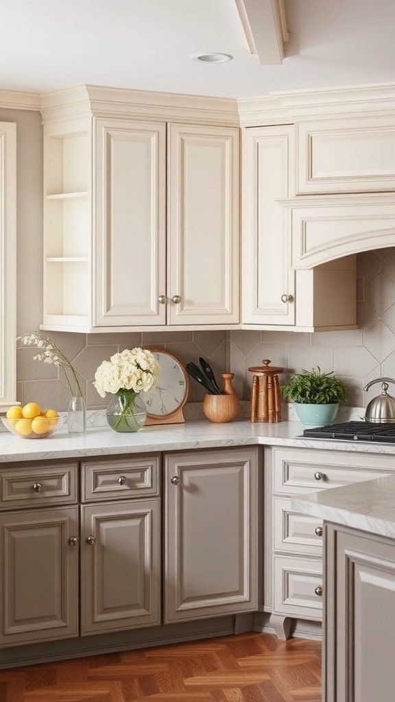 A kitchen featuring two-tone cabinets with cream upper cabinets and gray lower cabinets, complemented by decorative molding.