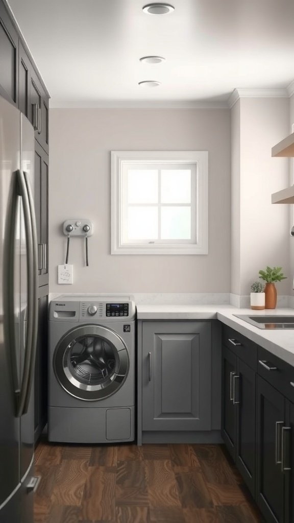 A modern kitchen with a functional laundry area featuring a washer, dark cabinetry, and a window.