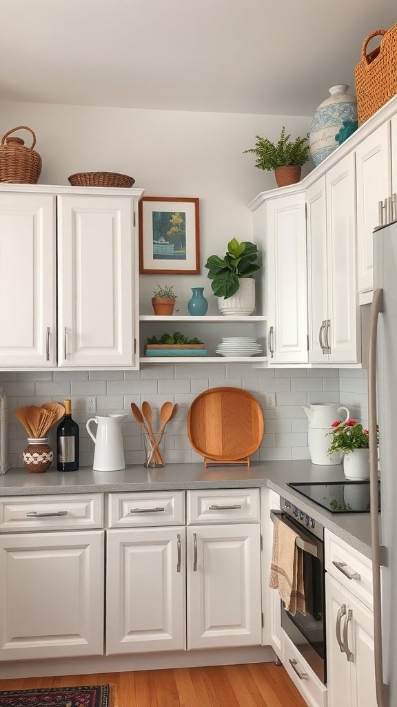 A cozy kitchen featuring white cabinets, natural wood accents, and decorative items.