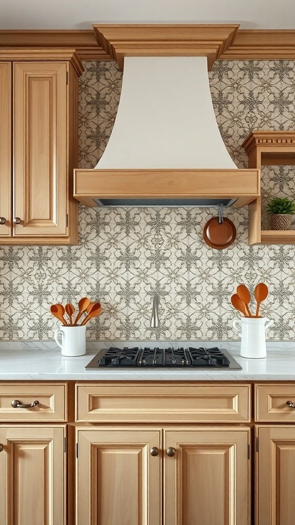 A kitchen with a handcrafted lace-patterned backsplash, wooden cabinets, and a modern stove.