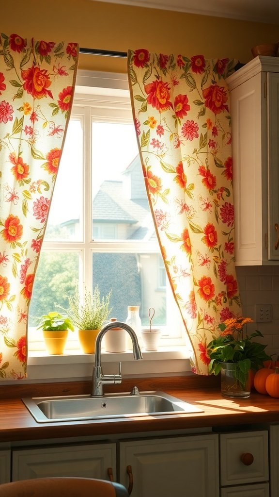 Bright floral curtains in a cottage kitchen, framing a sunny window with potted plants on the sill.