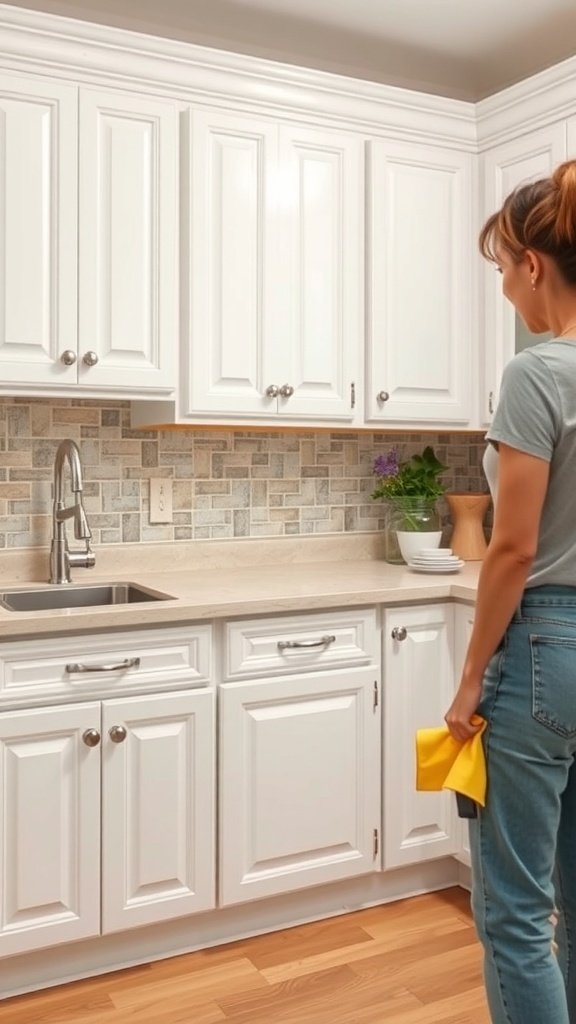 A person cleaning white painted kitchen cabinets with a yellow cloth.
