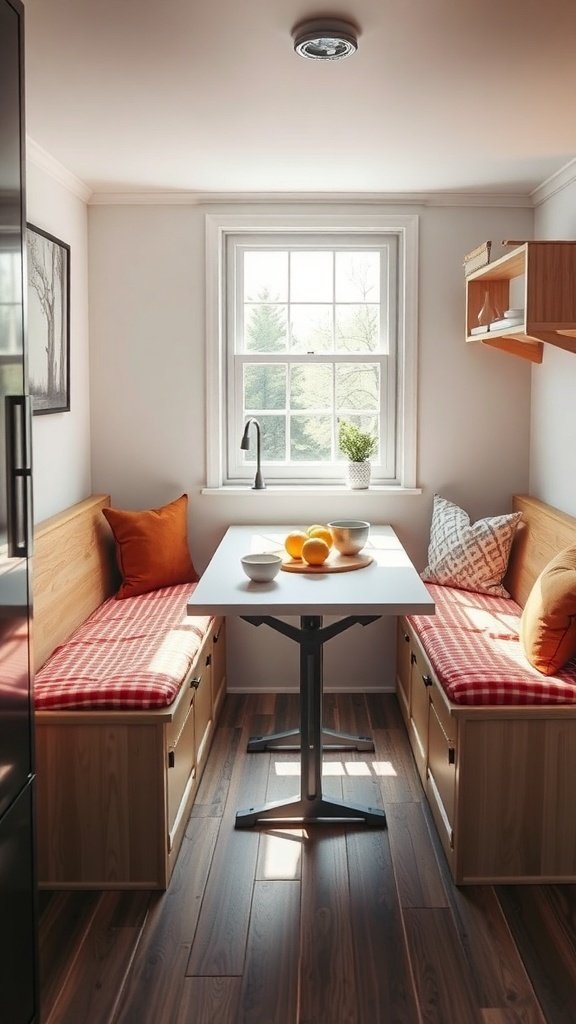A small kitchen nook with built-in benches, a central table, and a bright window.