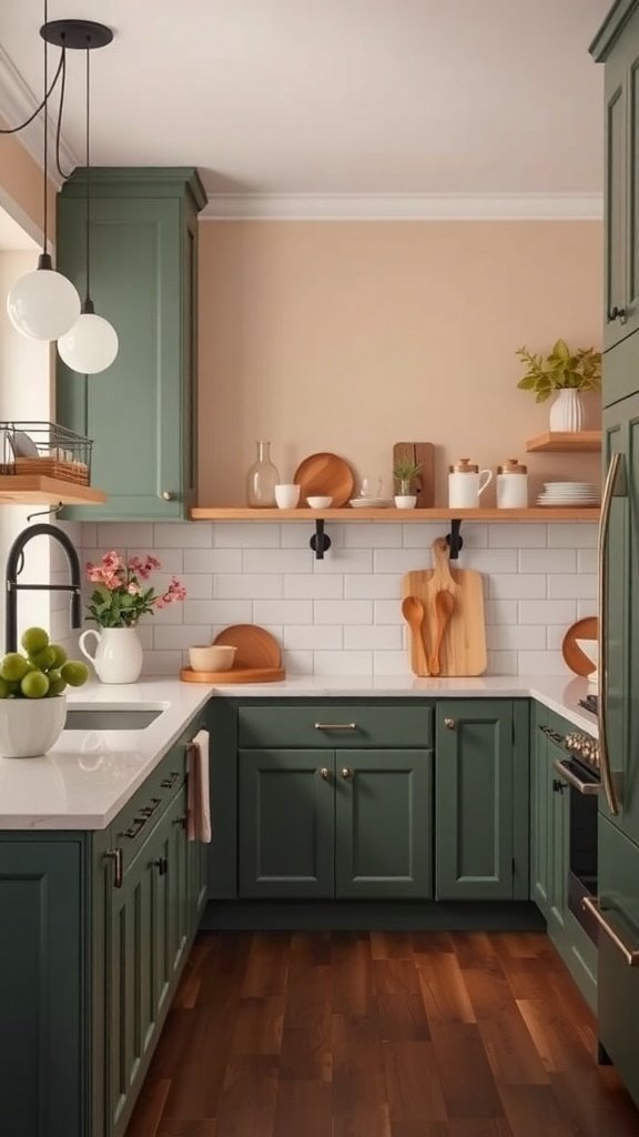 A cozy kitchen featuring green cabinets, beige walls, wooden shelves, and fresh flowers.