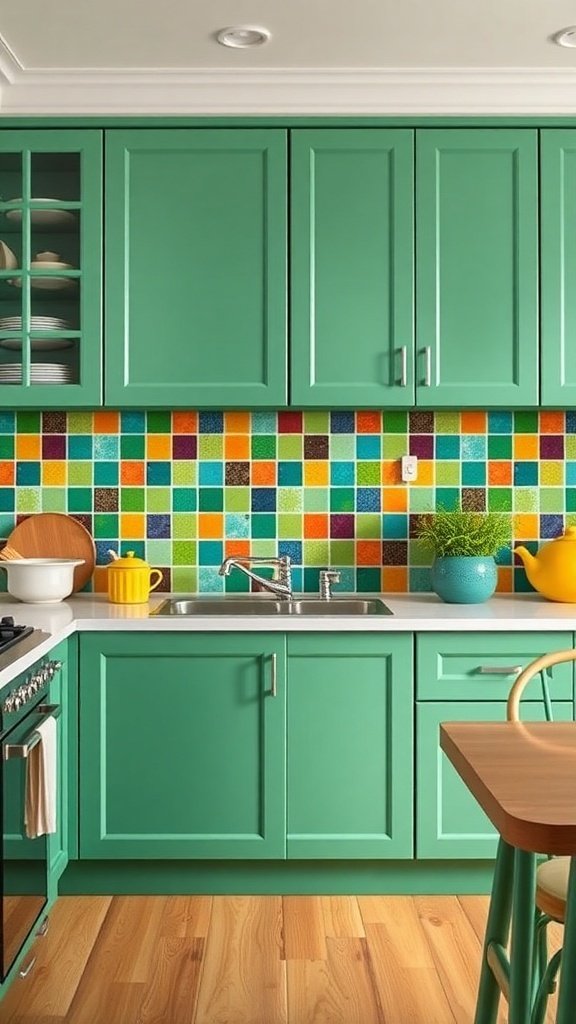 A kitchen with green cabinets and a colorful mosaic backsplash.