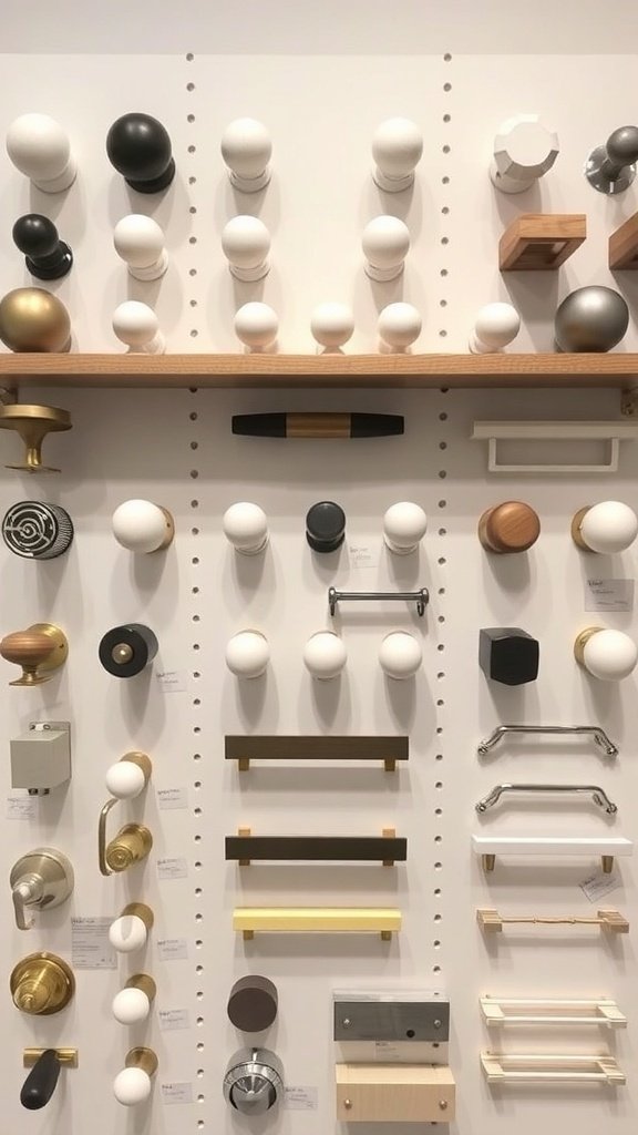 A display of various cabinet hardware options including knobs and pulls in different styles and finishes.