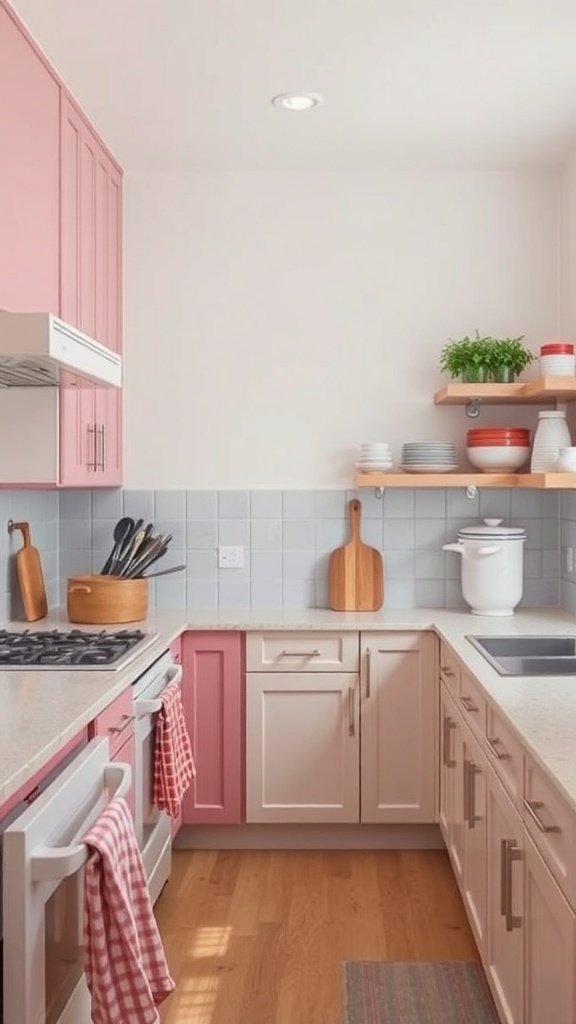 A kitchen with pink and cream painted cabinets, open shelving, and wooden flooring.