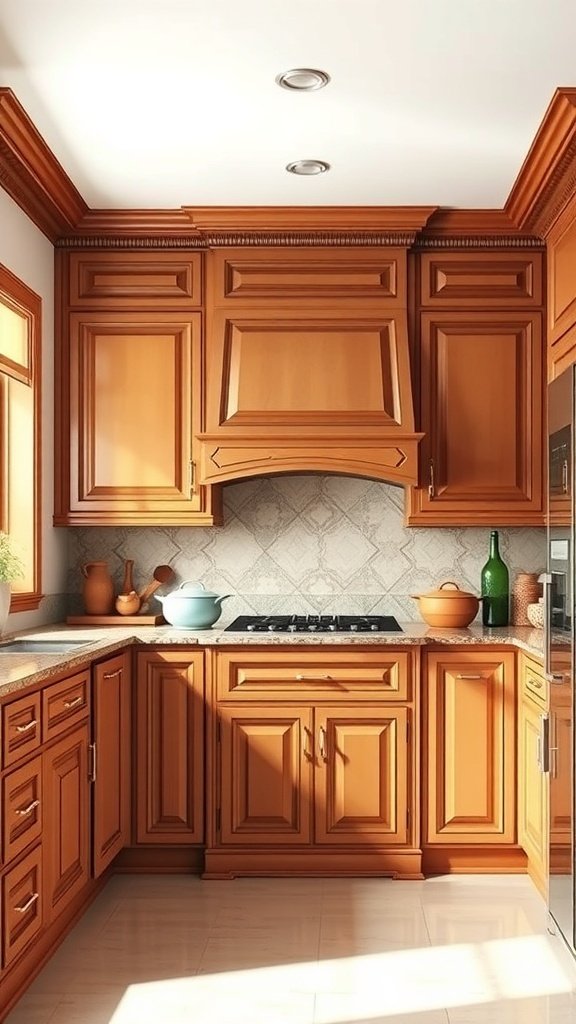A classic kitchen design featuring warm wooden cabinetry, a gas stove, and light-colored countertops.
