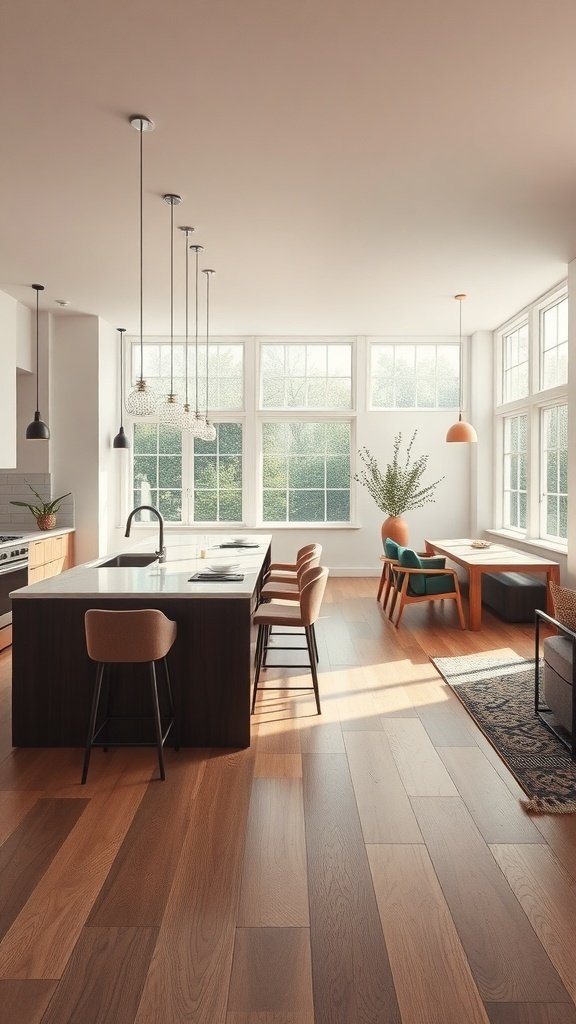 A bright open concept kitchen with large windows, a central island, and a cozy dining area.