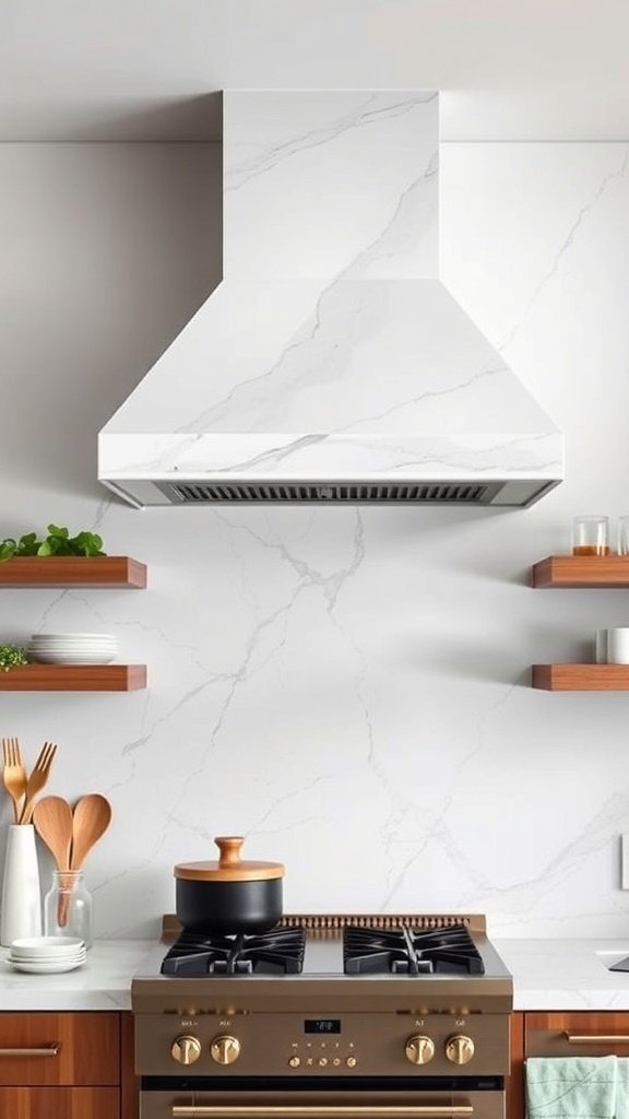 Modern kitchen with a sleek white ventilation hood above a stovetop, featuring marble walls and wooden shelves.