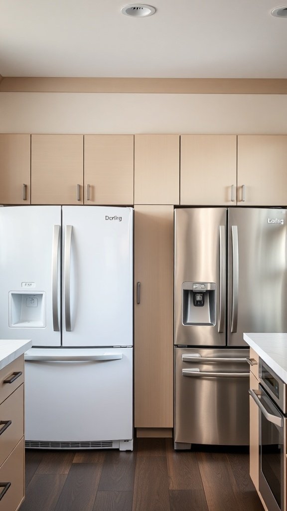 A kitchen featuring a white refrigerator and a stainless steel refrigerator side by side.