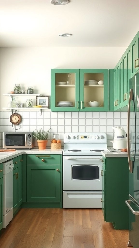 A kitchen featuring green cabinets and a vintage white stove, with open shelving and decorative items.