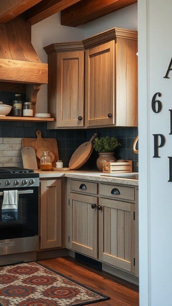 A rustic kitchen featuring wooden cabinets, a stove, and a cozy atmosphere.