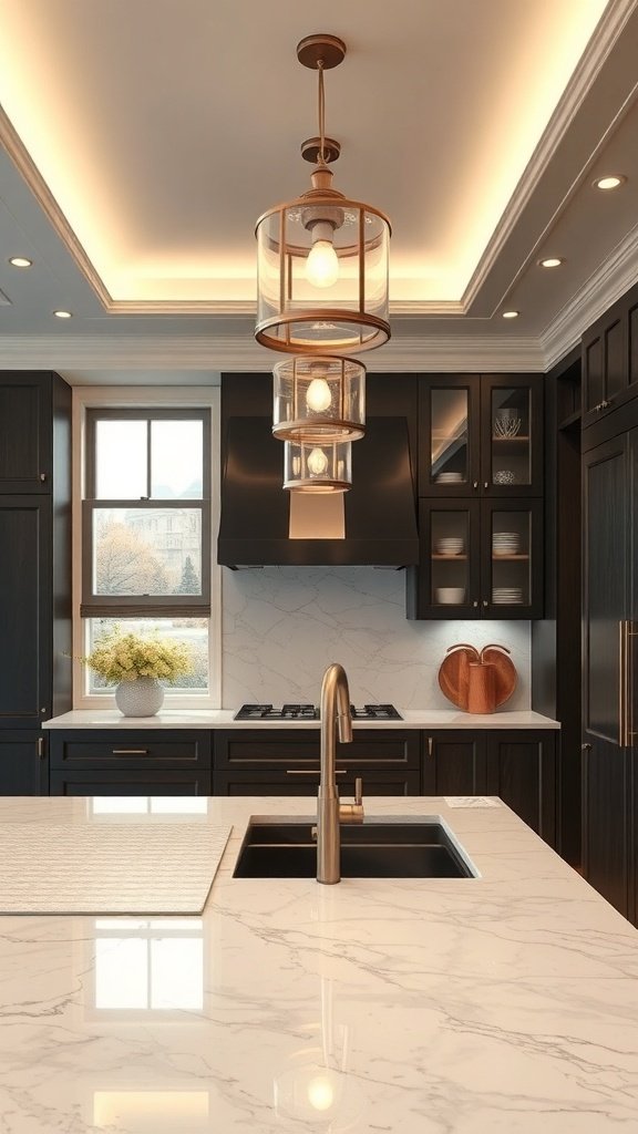 Luxurious kitchen featuring marble countertops, dark cabinetry, and warm lighting.