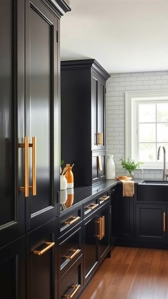 A modern kitchen featuring black cabinets with gold hardware.