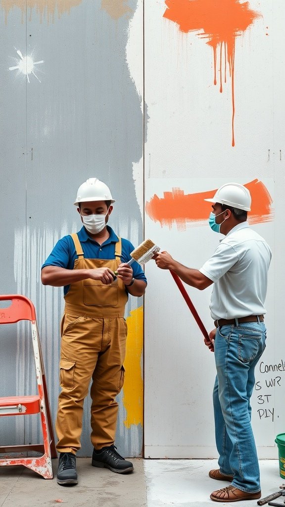 Two individuals preparing to paint kitchen cabinets, showcasing DIY painting.