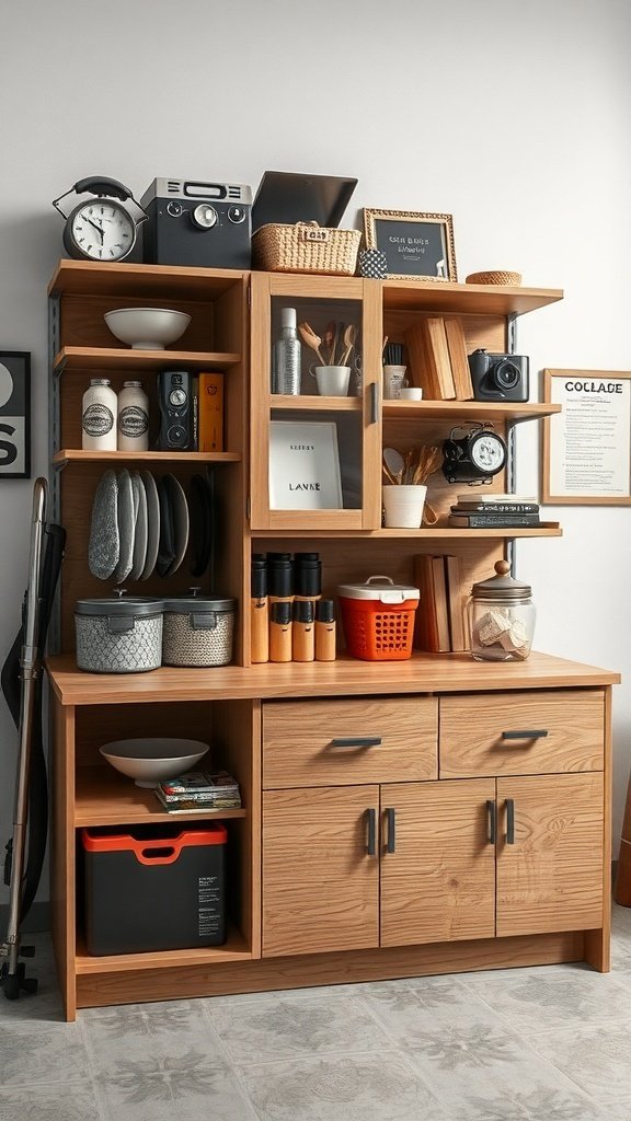 Organized kitchen cabinet with various items including utensils, jars, and baskets.