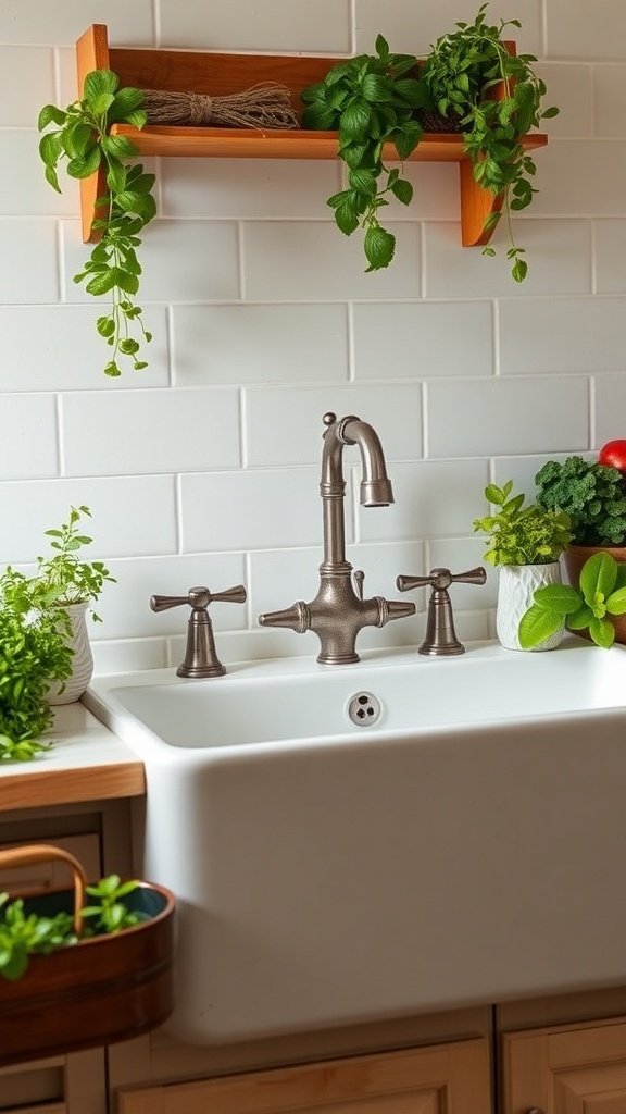 A charming farmhouse sink with a deep white basin, rustic metal faucet, and green plants on a wooden shelf above.
