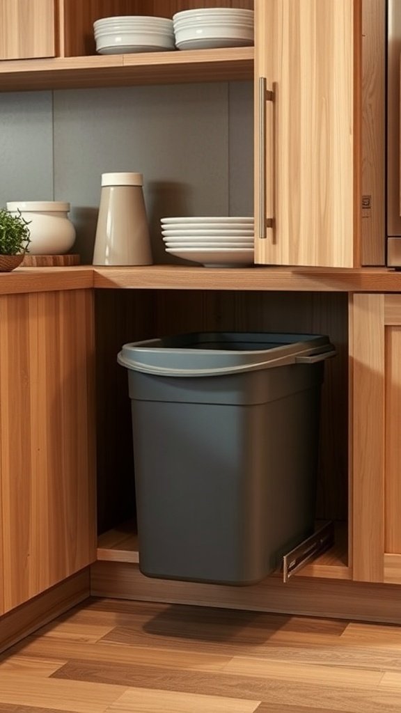 A pull-out trash bin in a wooden kitchen cabinet