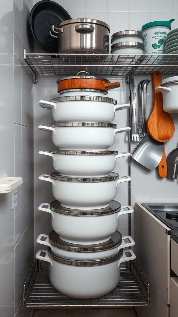 Stackable kitchenware on a wire shelf, featuring white pots and lids.