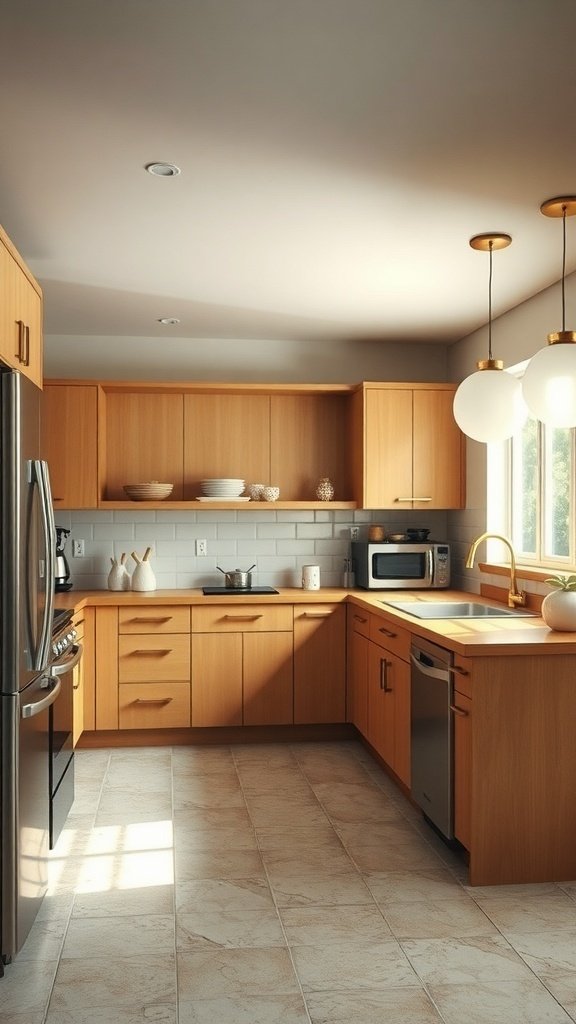 Mid-century modern kitchen featuring wooden cabinets and modern appliances