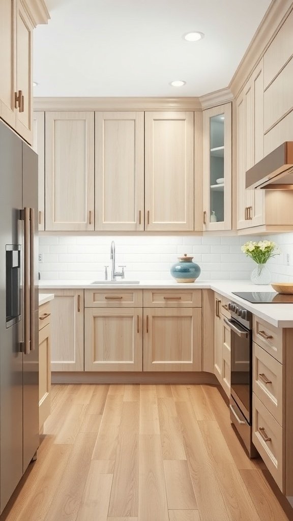 A modern kitchen featuring white oak cabinets, stainless steel appliances, and a bright, airy atmosphere.