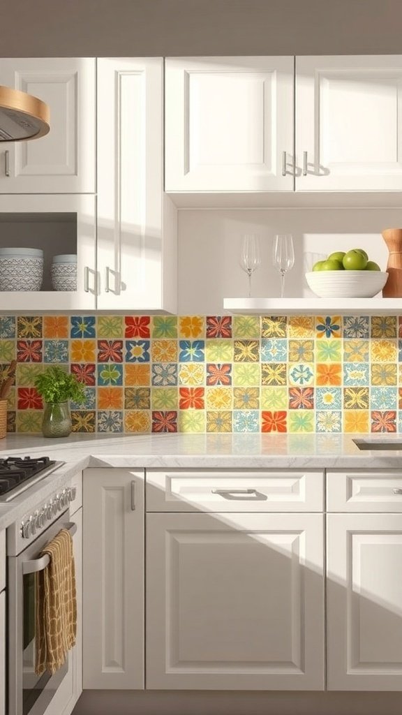 A kitchen with colorful ceramic tile backsplash featuring various patterns and colors, complemented by white cabinetry.