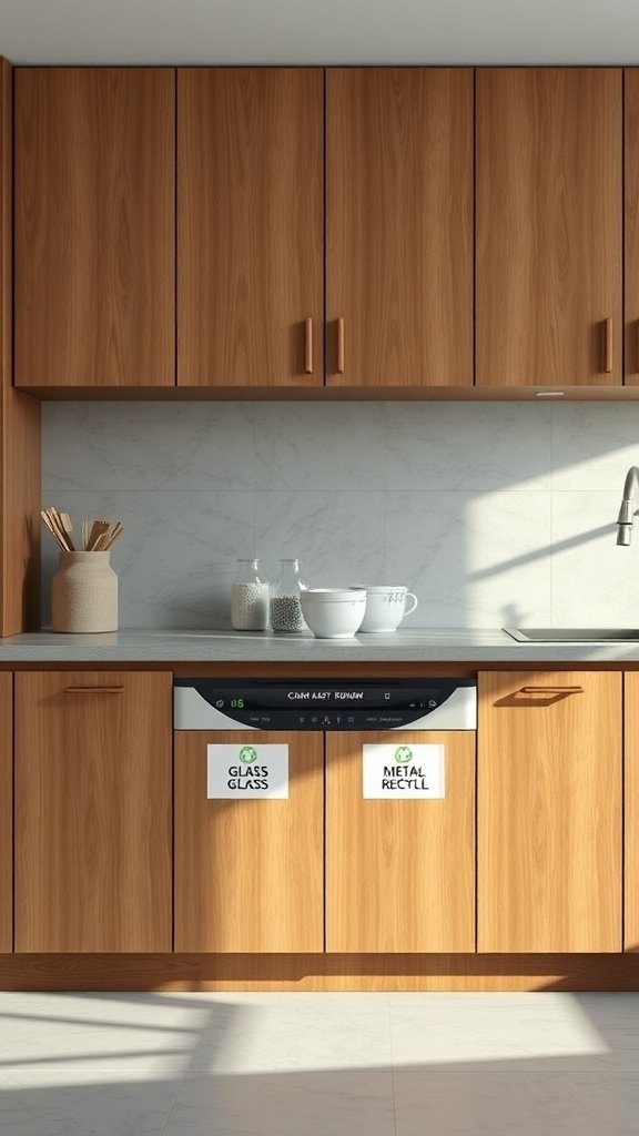 A modern kitchen with wood cabinets featuring recycling stations for glass and metal.