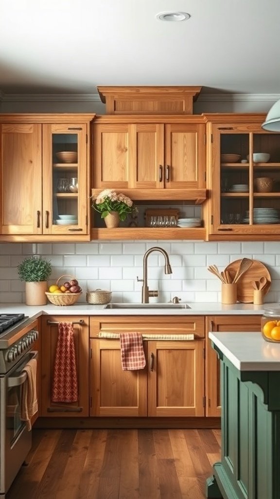 A cozy farmhouse-style kitchen with wooden cabinets, a green island, and decorative elements.