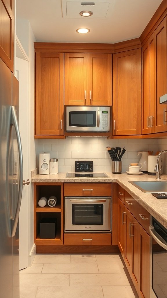 A small kitchen with hidden appliances, featuring a built-in microwave and oven within wooden cabinetry.