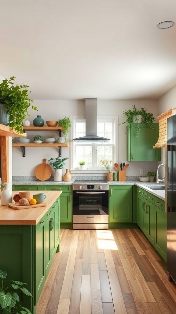A bright kitchen featuring green cabinets, wooden shelves, and various plants.