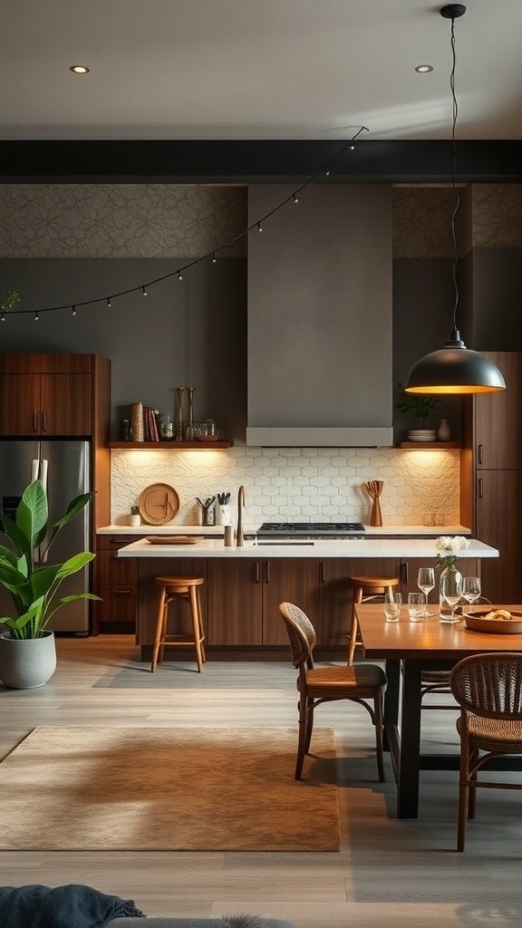 A modern kitchen with wooden cabinetry, a spacious island, and a dining table set for entertaining.