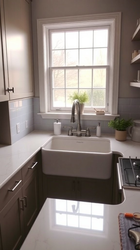 A stylish kitchen featuring a farmhouse sink, modern faucet, and natural light from a window.