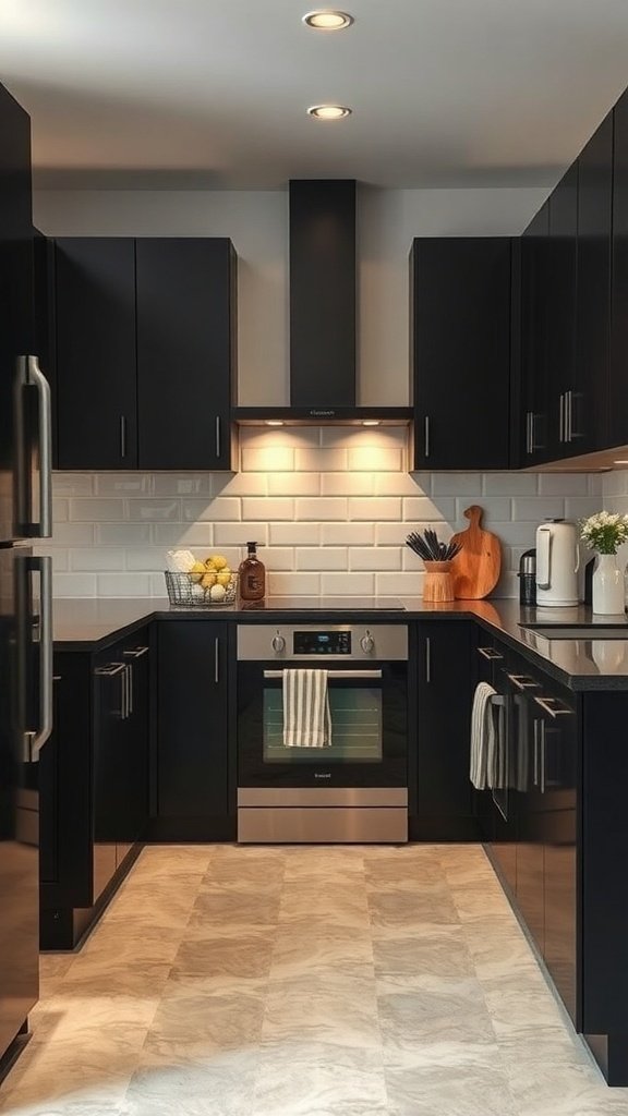 A modern kitchen featuring black cabinets, stainless steel appliances, and a light-colored floor.