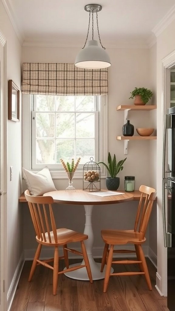 A cozy breakfast nook with a round table, two wooden chairs, and natural light from a window.