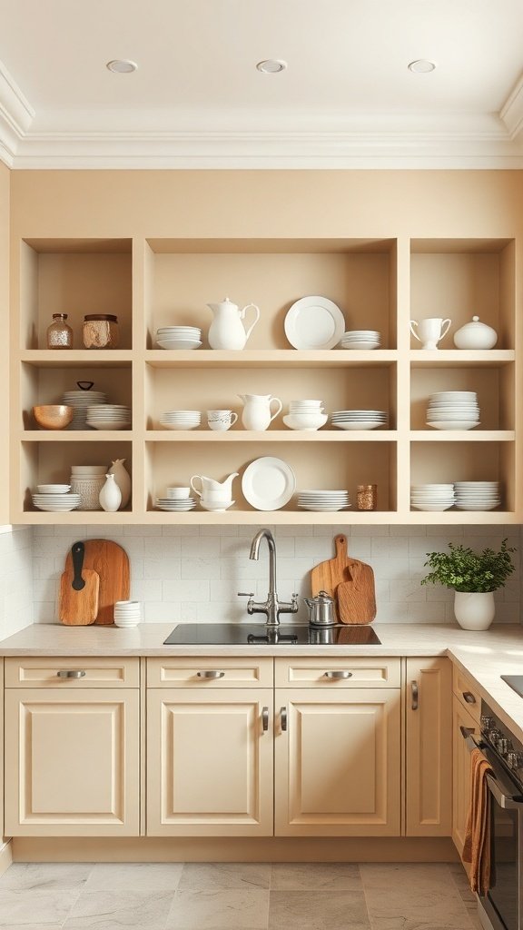 A beige kitchen featuring open shelving with various dishes and kitchenware displayed.