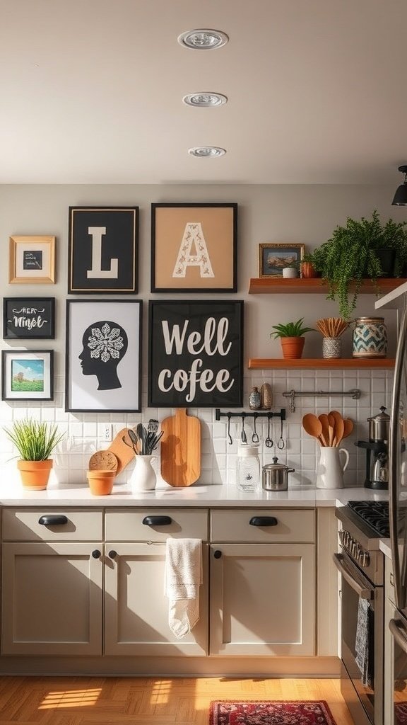 A cozy kitchen with creative wall art displays, including framed letters and quotes, along with plants on shelves.