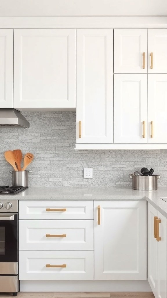 A modern kitchen featuring white cabinets, a textured gray backsplash, and gold hardware.