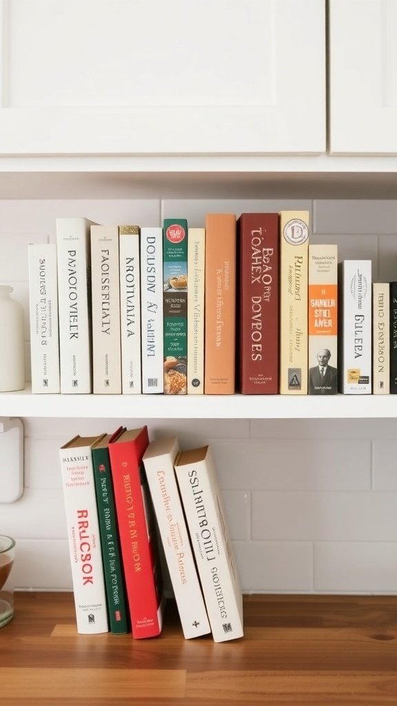 A collection of farmhouse style cookbooks on a wooden shelf.