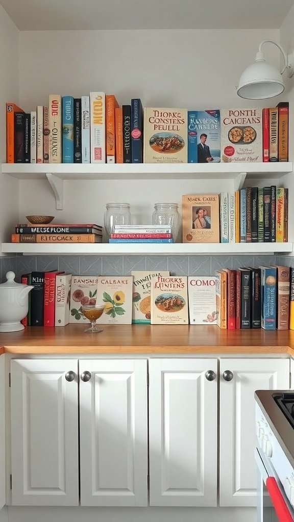 A small kitchen shelf displaying a variety of colorful cookbooks with a wooden countertop and decorative items.