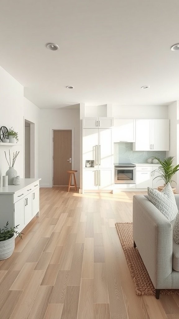 A bright open concept kitchen and living area featuring white cabinets and light wood flooring.