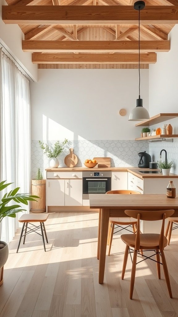 A bright and airy small kitchen with open-concept dining, featuring wooden beams, light cabinets, and a cozy dining table.