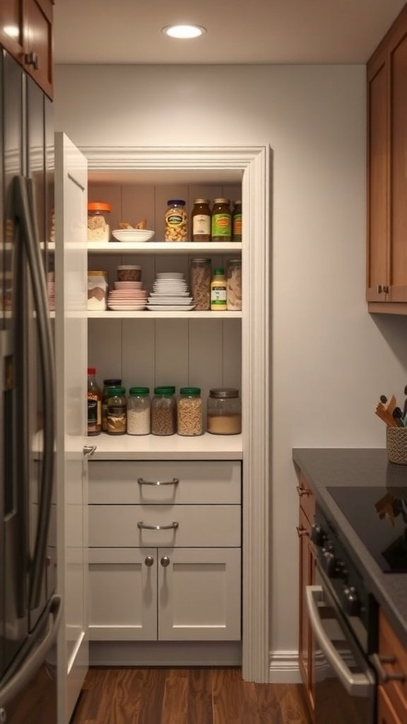 A compact pantry with neatly arranged shelves containing jars, containers, and plates.