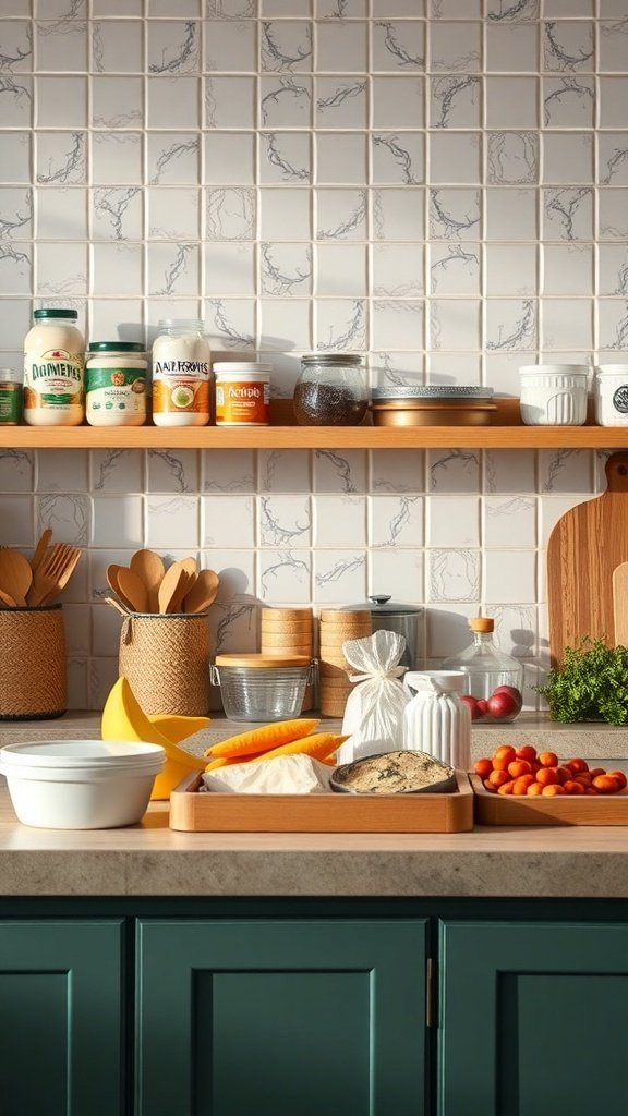 A bright kitchen with green cabinets, wooden shelves, jars, and fresh produce, promoting zero-waste practices.